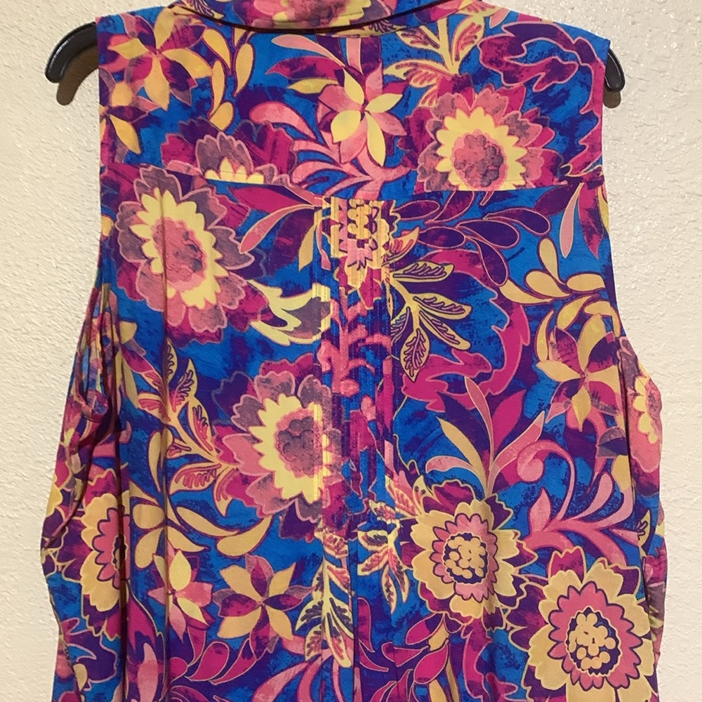Terra & Sky Top 2X Blue Pink Yellow Floral Sleeveless Front Buttons Viscose - Picture 15 of 16